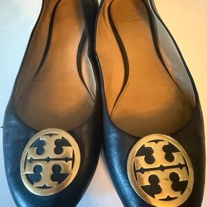 Tory Burch Black and Gold Flats with Iconic Logo